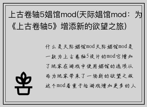 上古卷轴5娼馆mod(天际娼馆mod：为《上古卷轴5》增添新的欲望之旅)
